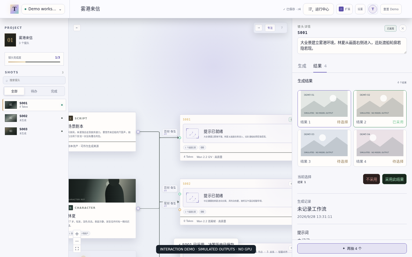 Generation-record UI in a development build. The illustrated take is simulated, not model-generated.